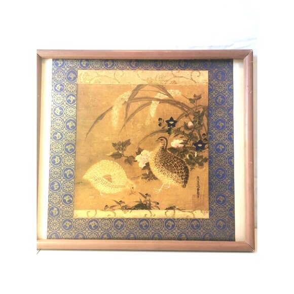 Tosa Mitsuoki Framed Woodblock Print Quail &Flowers Japan DAMAGED FRAME DISCOUNT - Picture 1 of 9